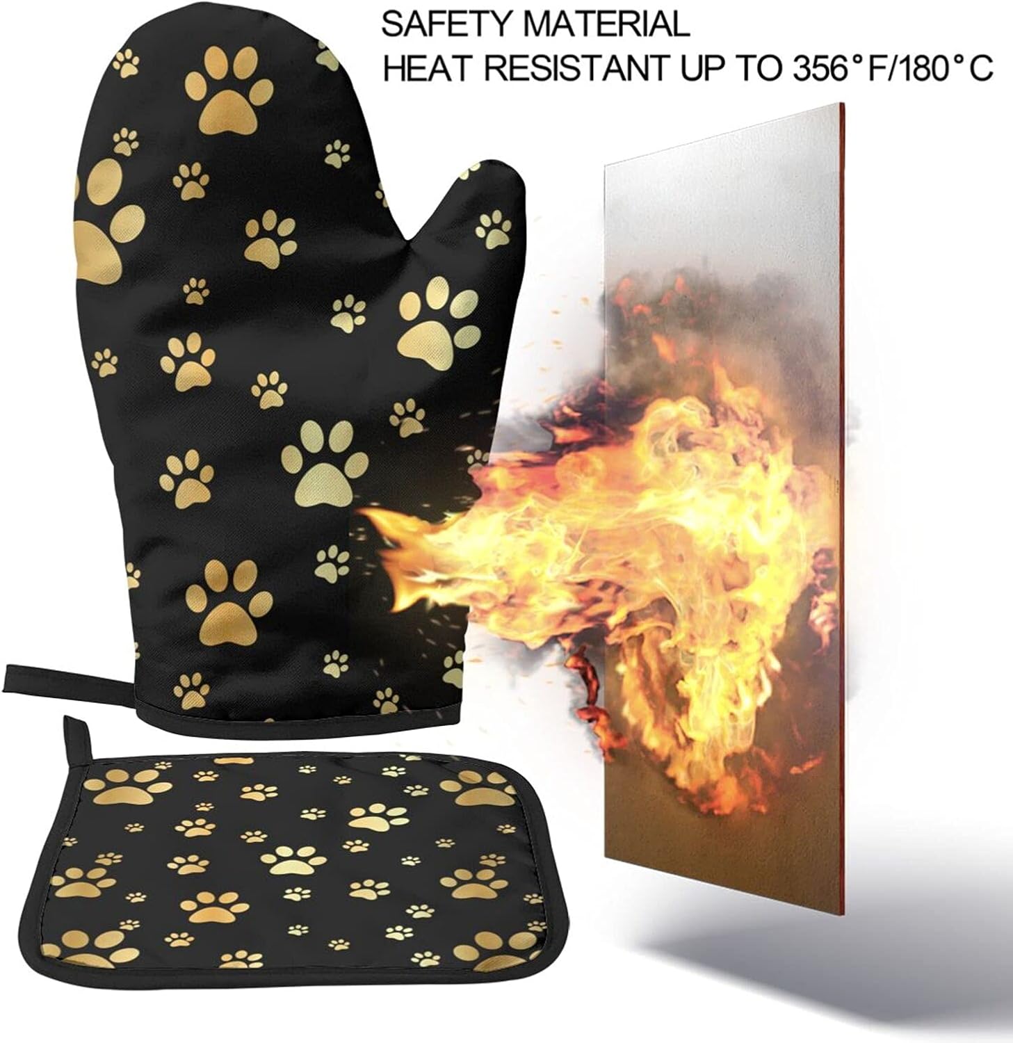 Juego de manoplas de horno y soportes para ollas de perro dorados, resistentes al calor, huellas doradas, guantes de cocina decorativos, guantes de