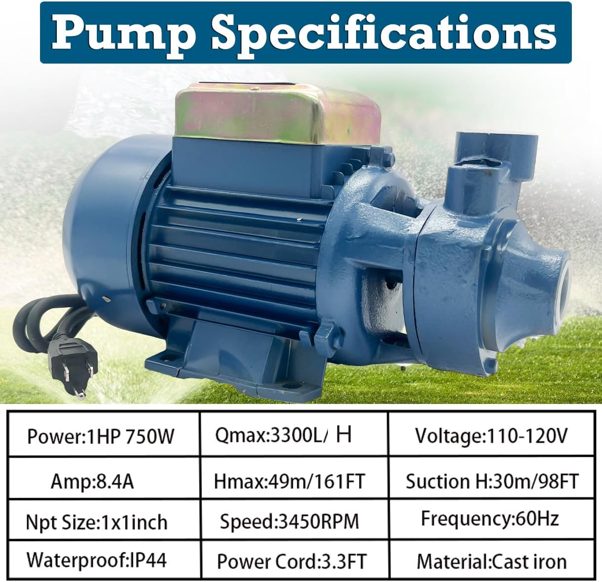 Bomba de transper de agua 110V Bomba eléctrica de refuerzo de agua 1HP 871GPH Bomba de agua limpia centrífuga industrial para piscina Estanque