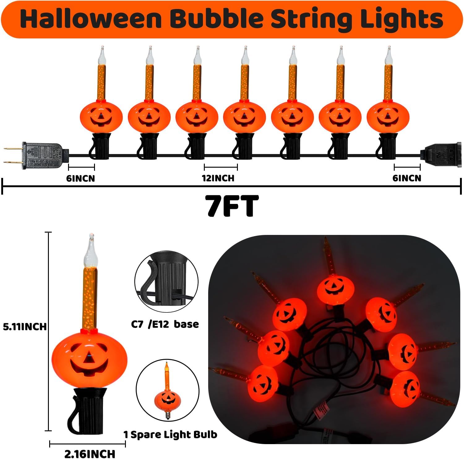 PASUTO Cadena de luces de burbujas de calabaza de Halloween, 7 pies, linterna de Halloween vintage con 7 luces de burbujas líquidas naranjas, luces