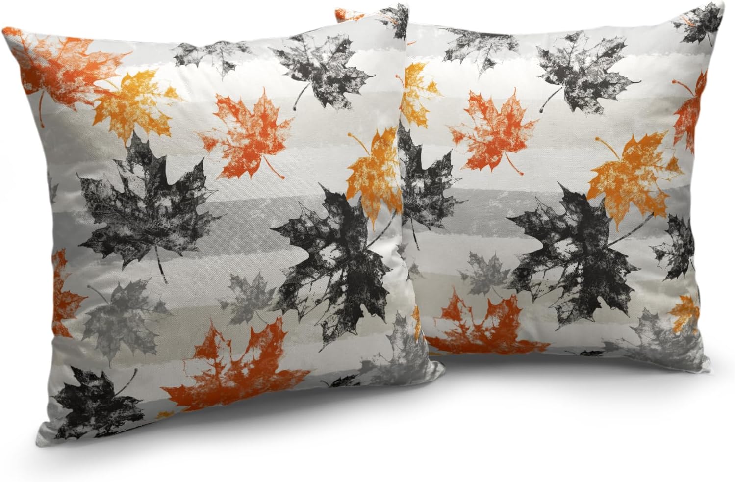 Juego de 2 fundas de almohada de hojas de otoño de 18 x 18 pulgadas, fundas de almohada decorativas de hojas de arce otoñales a rayas grises, fundas
