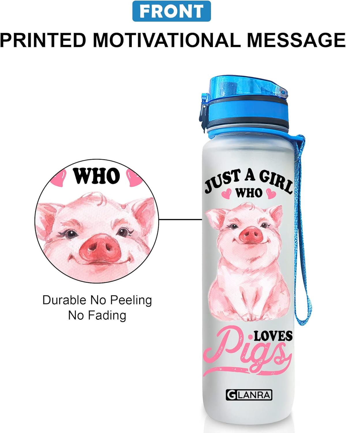 Botella de agua de cerdo, regalos para los amantes de los cerdos, botella de cerdo de 32 onzas grande con tiempos para beber, botella de agua