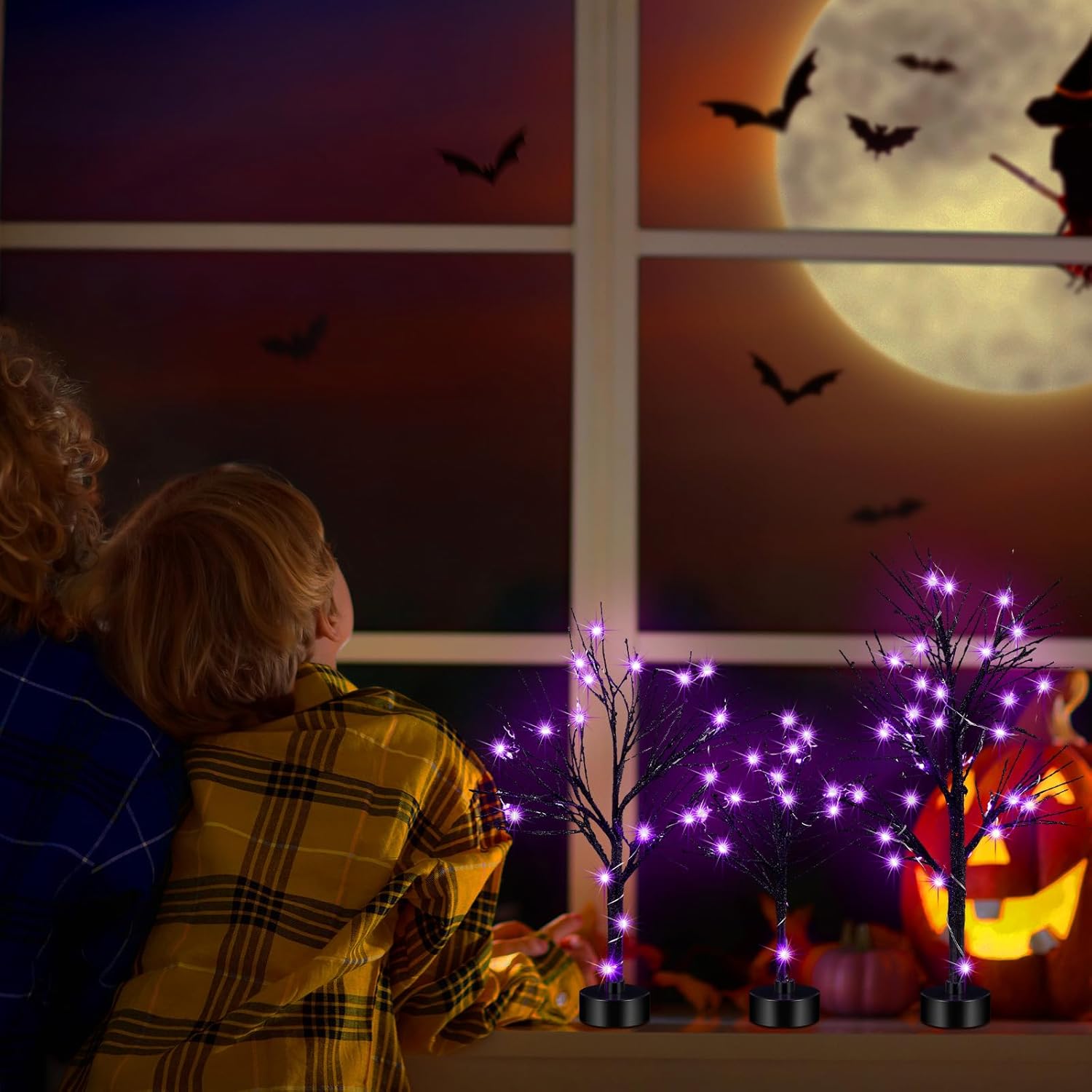 Baquler 7 piezas de árboles LED de Halloween, abedul negro para decoración de mesa, aldea artificial de Halloween con cadena de luces de Halloween,