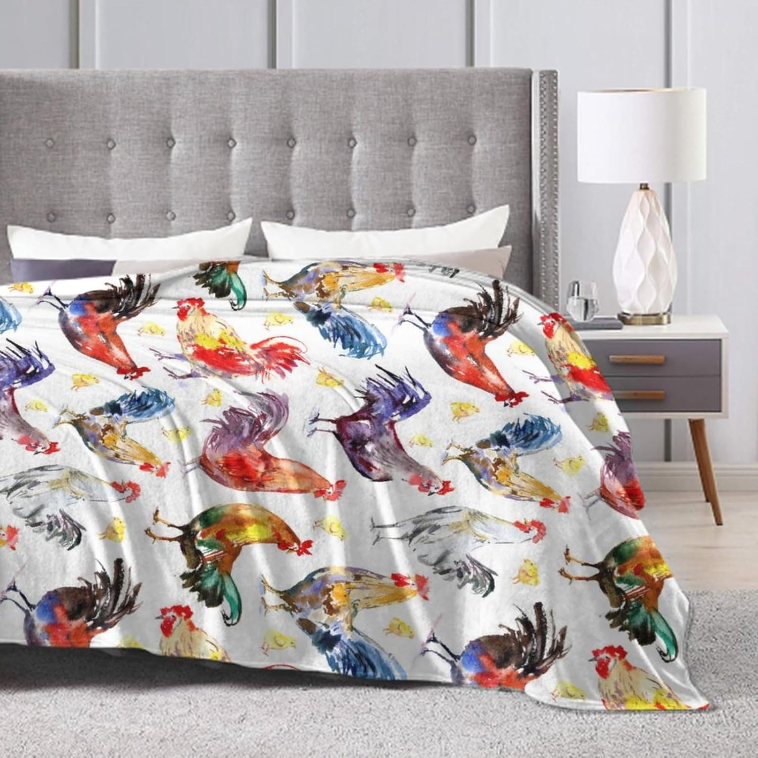 Acogedora manta de franela para hombres y mujeres, compatible con acuarela de gallo y pollo, manta ligera y mullida tamaño Queen King, manta