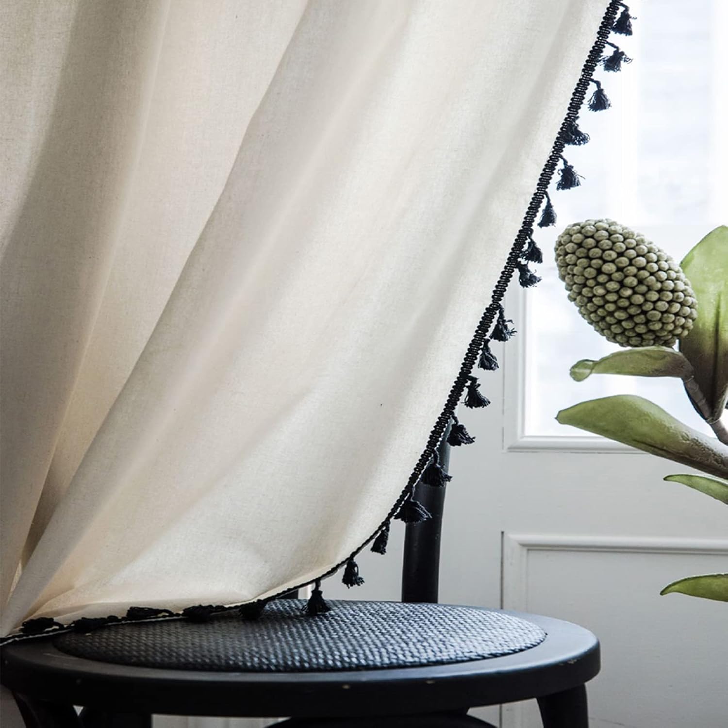 Cortinas de estilo bohemio, de lino y de arpillera para dormitorio, cortinas de ventana semiopacas con borlas, juego de cortinas rústicas para