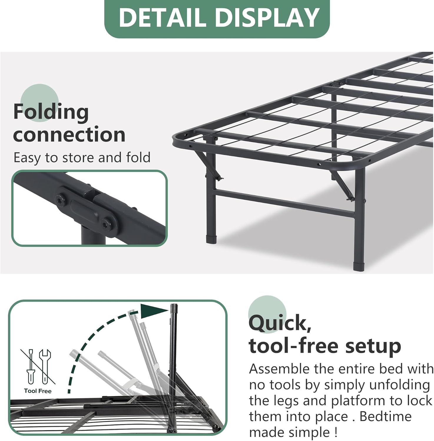 PayLessHere Marco de cama plegable de metal de 14 pulgadas, plataforma de listones de acero resistente, base de cama, base de colchón, repuesto de