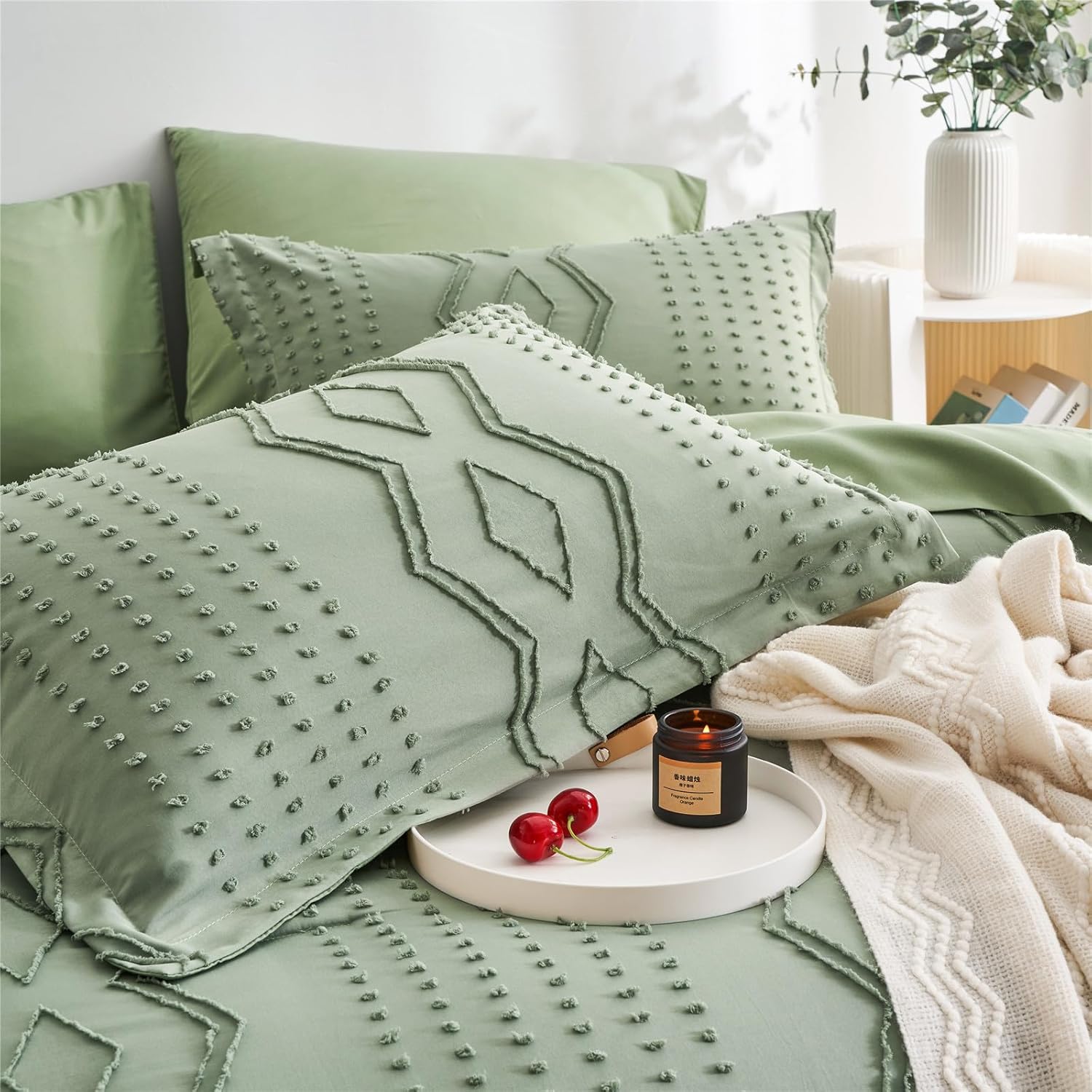 sponwilar Juego de edredón tamaño King de 7 piezas de ropa de cama bohemia en una bolsa, juego de ropa de cama con textura geométrica, juego de ropa
