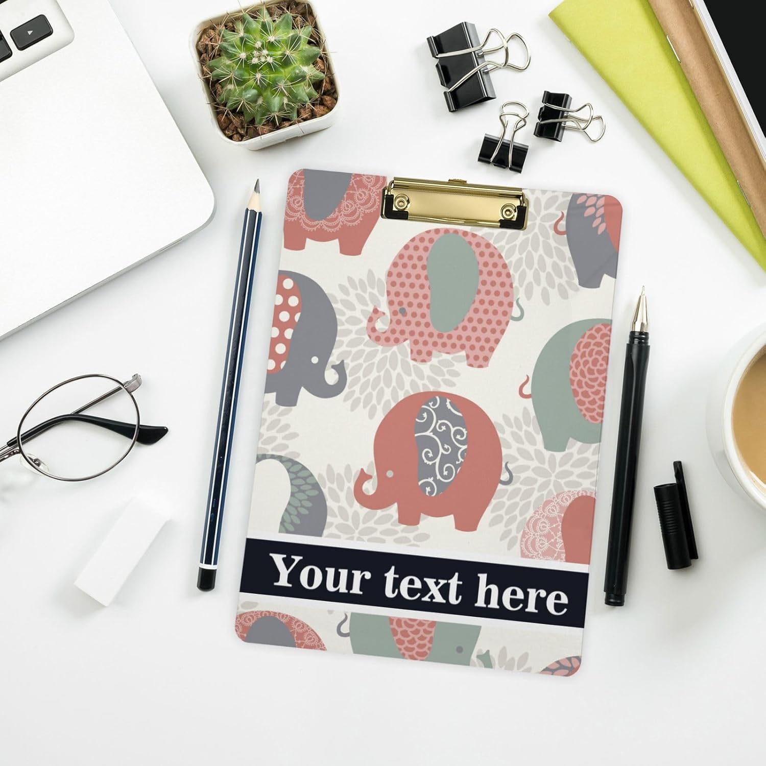 Portapapeles de plástico personalizados con bonitos elefantes coloridos, tamaño carta estándar, cartón personalizado con clip de metal de perfil