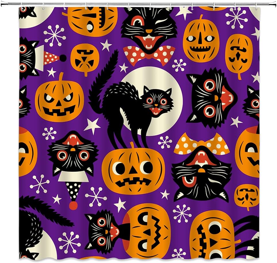 Cortina de ducha de Halloween, espeluznante gato negro, terror, calabaza naranja, bruja aterradora, gatos de luna llena, divertida cortina de baño