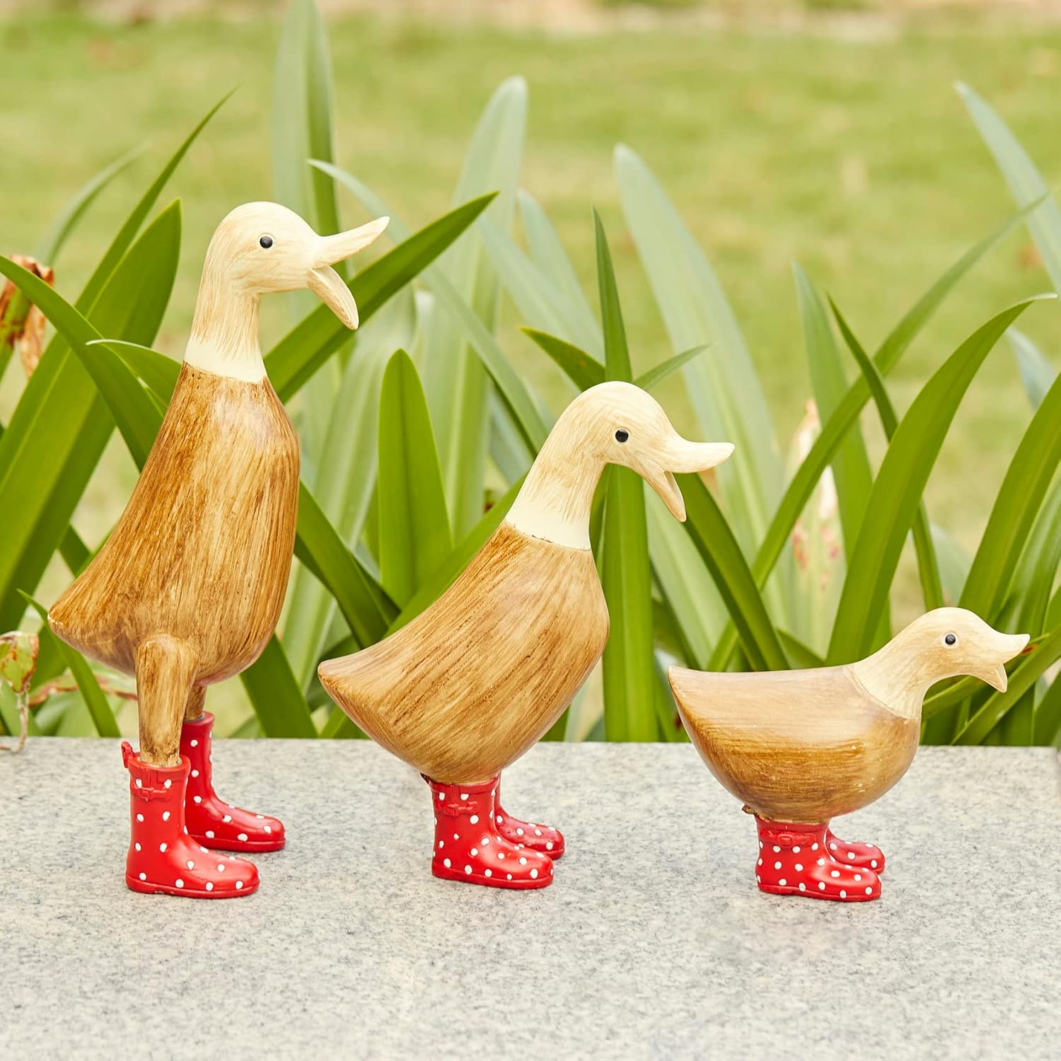 Decoración de pato para patio, patos de jardín con botas de agua manchadas, juego de 3 estatuas de decoración de jardín, estatua de figura de pato,