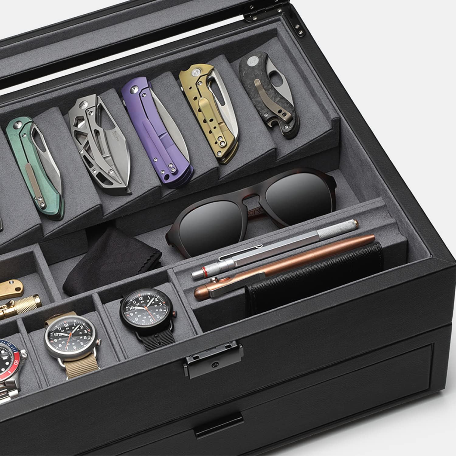 Kaviso Cajón de almacenamiento de valet de Cache Display – EDC, cuchilla, reloj y cajón de almacenamiento de joyas, forro de microfibra, cuero