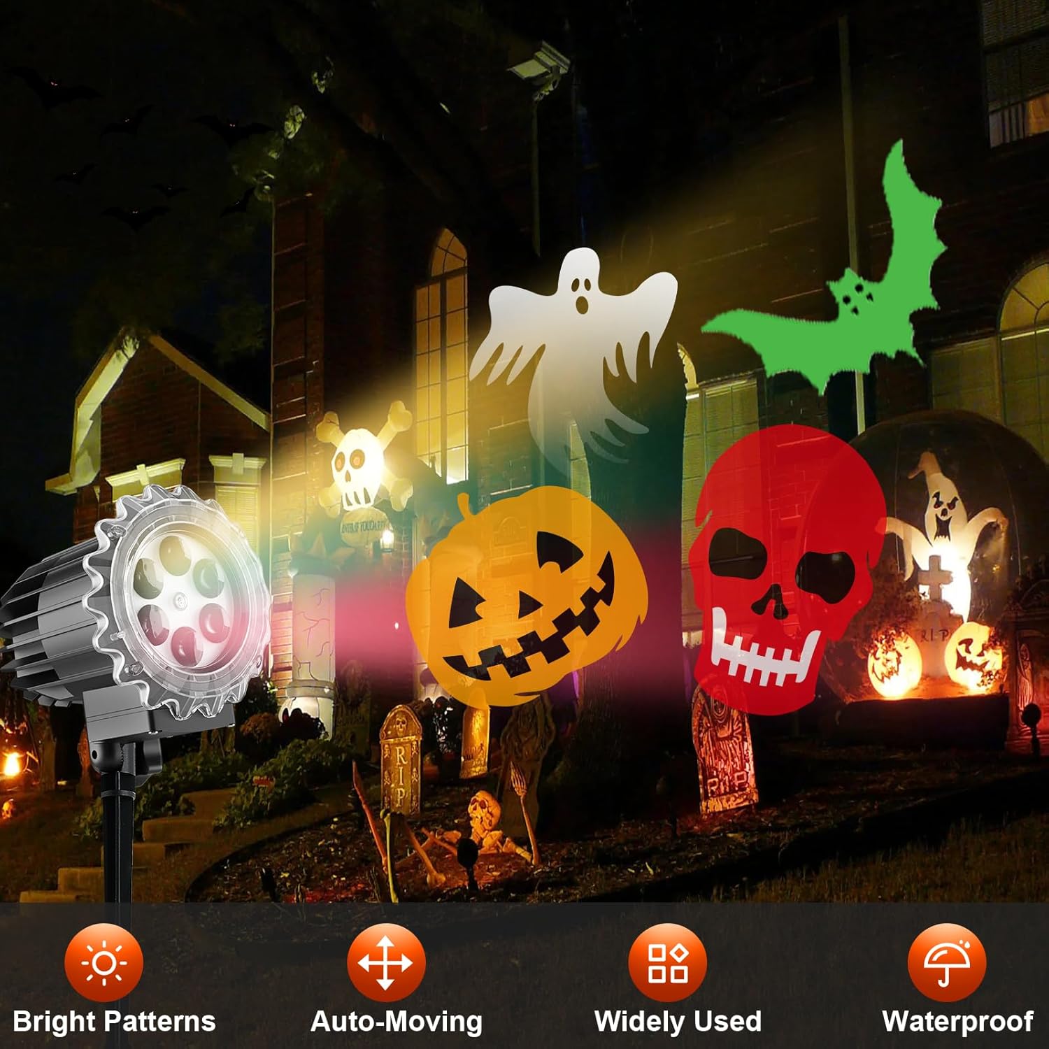 Beforalla Luces de proyector más brillantes para decoración de Halloween al aire libre 2023, esqueleto de Halloween, fantasma, murciélagos,