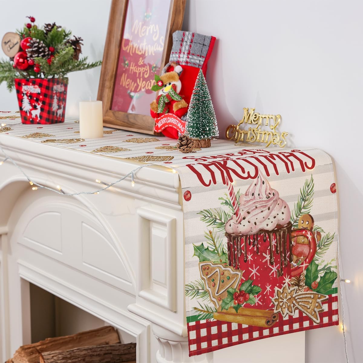 Siilues Camino de mesa de Navidad, decoración navideña de pan de jengibre, helado, dulce camino de Navidad para mesa, decoración de vacaciones de