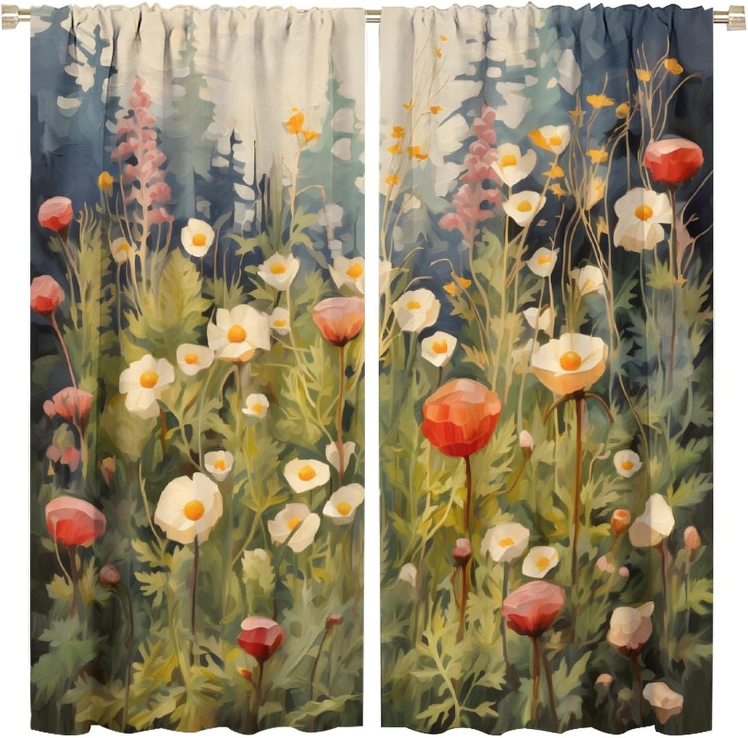 Cortinas florales, panel de cortina de flores silvestres de acuarela para primavera y verano, cortinas de ventana de plantas naturales con ojales