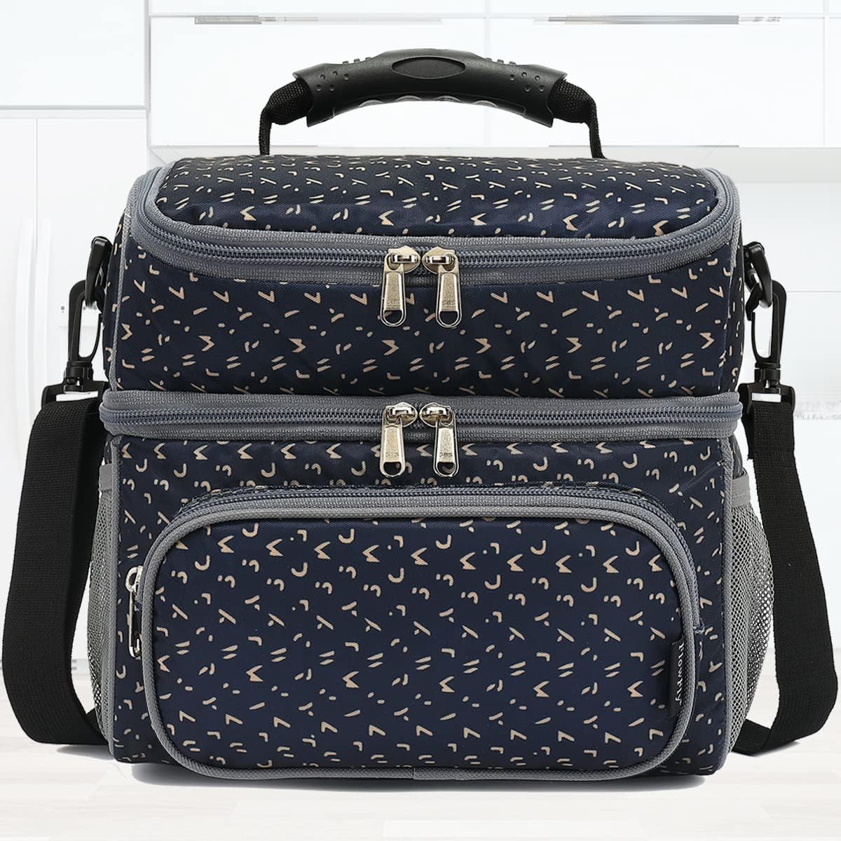 FlowFly Lonchera térmica de doble capa para adultos, bolsa grande para hombres y mujeres, con correa ajustable, bolsillo frontal y bolsillos