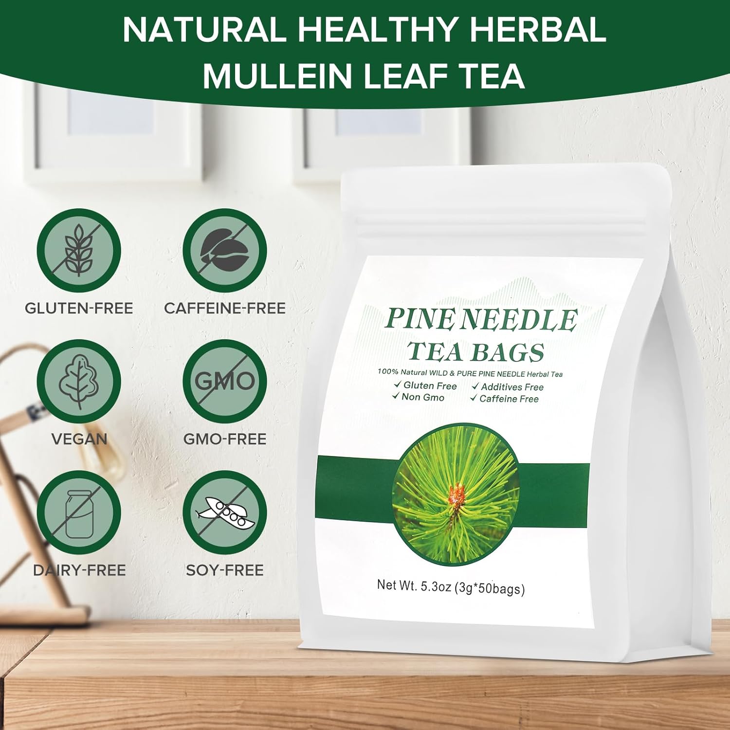 Bolsas de té orgánicas de aguja de pino  5.3 onzas (0.11 oz x 50 bolsas)  Té de hierbas 100% natural de aguja de pino salvaje y puro, sin gluten,