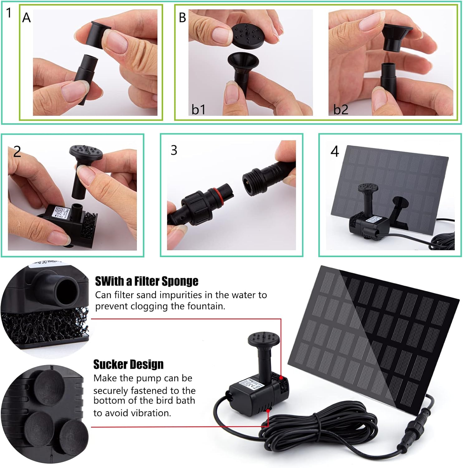 Bomba de fuente solar para baño de pájaros, con panel solar separado, bomba de agua solar mejorada de 2 W con cable de 3 M de largo y 4 boquillas