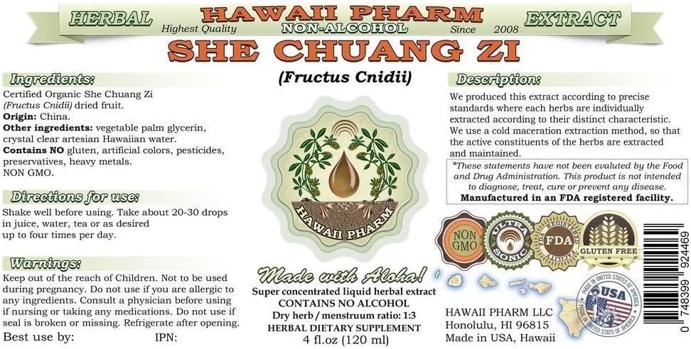 She Chuang Zi Extracto líquido sin alcohol, She Chuang Zi (Fructus Cnidii) Suplemento herbario natural de glicerita de frutas secas, Hawaii Pharm,