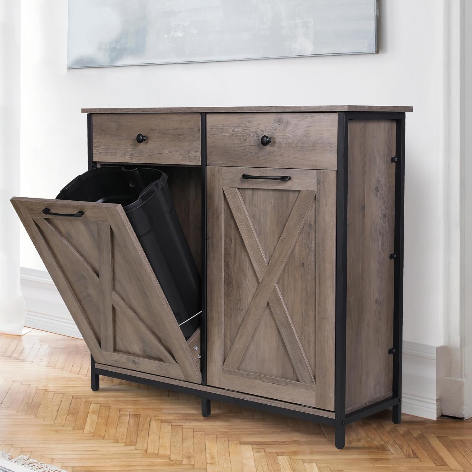 Arlopu Gabinete de basura de doble inclinación, gabinete de reciclaje extraíble de cocina de 20 galones, gabinete clasificador de ropa de madera