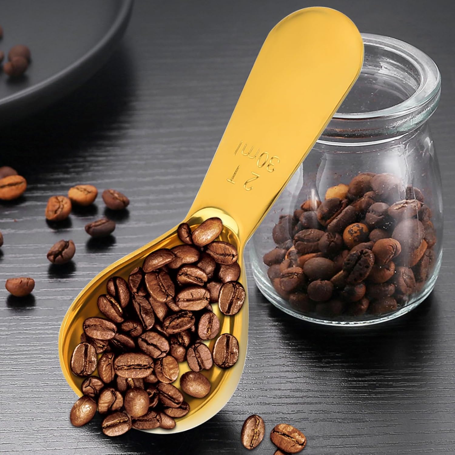 Paquete de 2 cucharas de café, cucharadas de café de acero inoxidable, cucharas medidoras para té, azúcar, café molido, grano entero (oro, 1.06 fl
