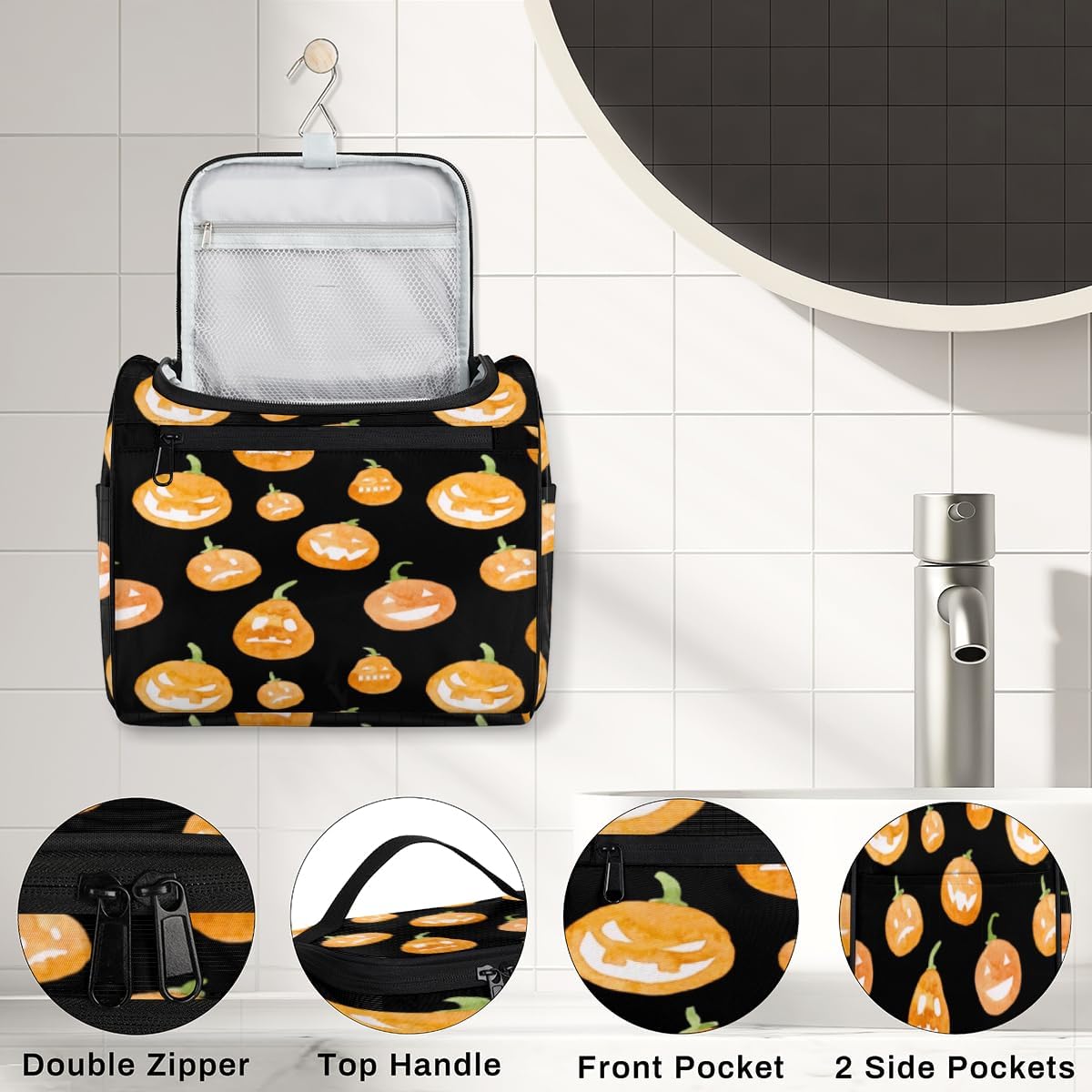 Halloween Modern Decor Toiletry Bag for Women Travel Makeup Organizer with Hanging Hook Traveling Cosmetic Bags for Toiletries Accessories