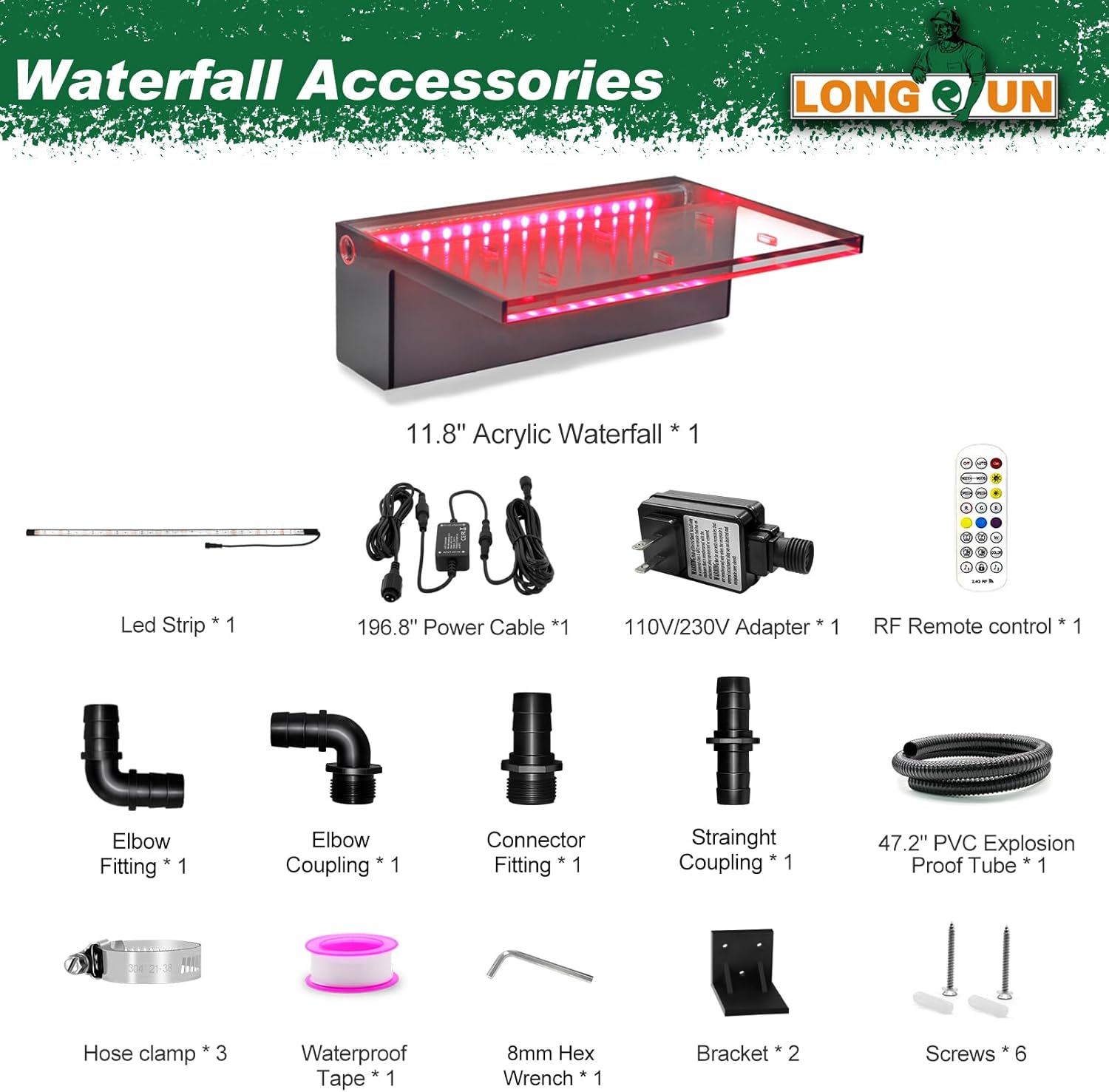 LONGRUN Fuente de piscina al aire libre con control de aplicación de cascada, luz LED multicolor para piscina al aire libre, derrame de agua