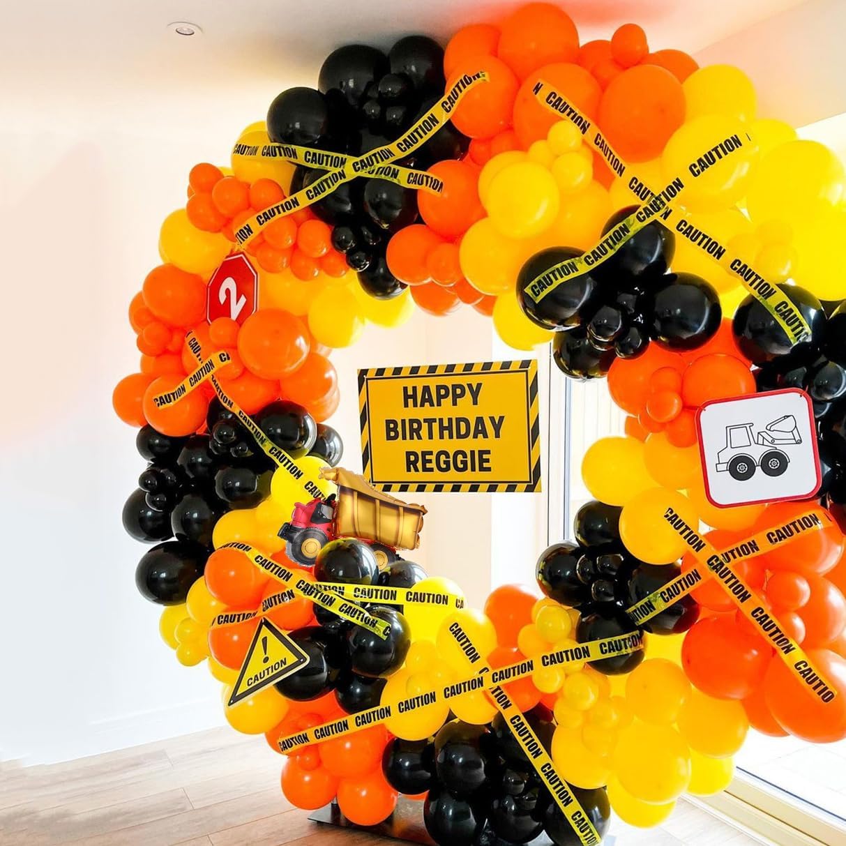 Kit de arco de guirnalda de globos de construcción de 134 piezas, globos de aluminio de rueda grande de camión, globos de aluminio negro, amarillo y