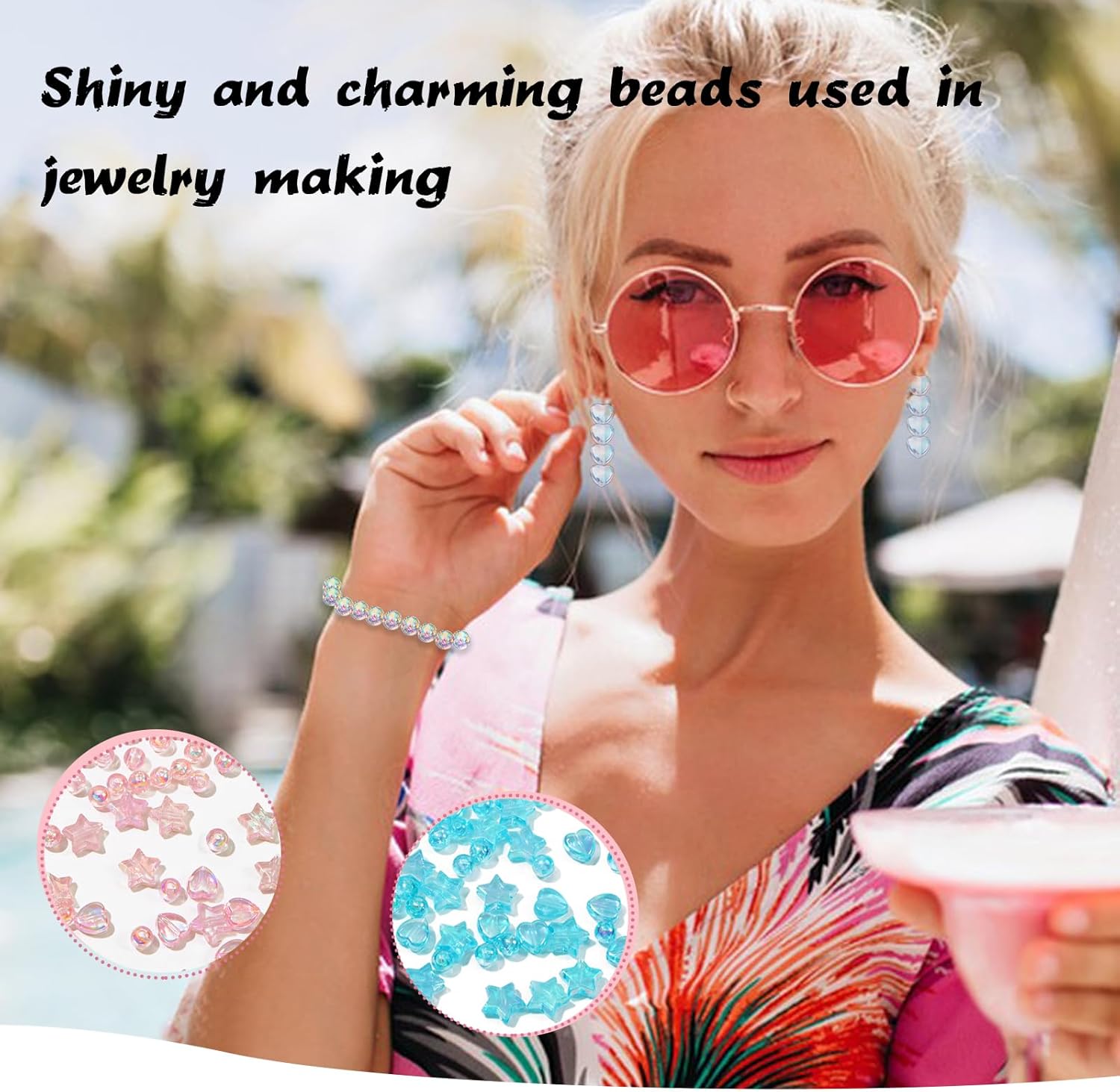 200 cuentas redondas de acrílico, cuentas de corazón y cuentas de estrella para hacer joyas, pulseras, collares, aretes, llaveros, accesorios,