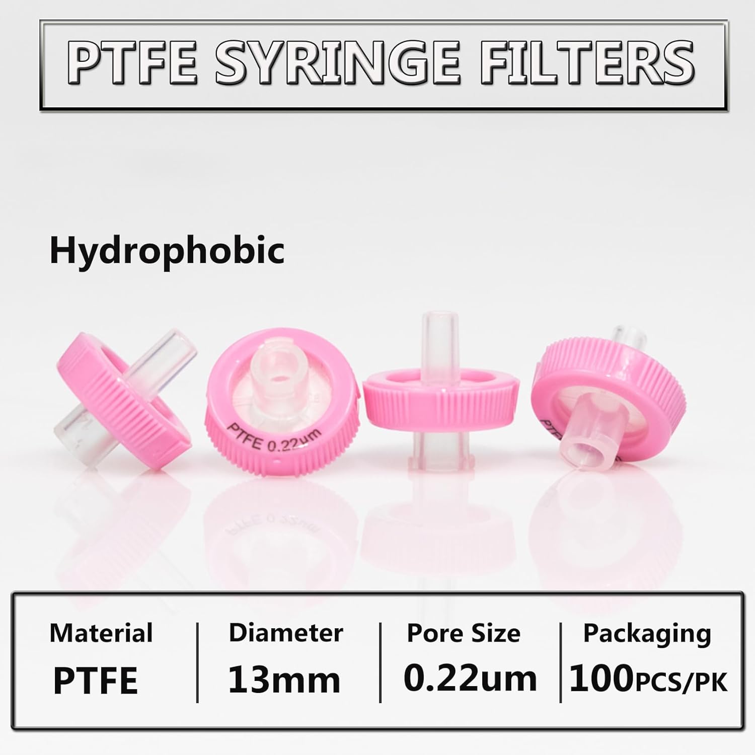 100 filtros de jeringa, filtración hidrofóbica de PTFE, 0,22 um micrones, tamaño de poro, 0.512 in, diámetro de membrana, disco de membrana de PTFE