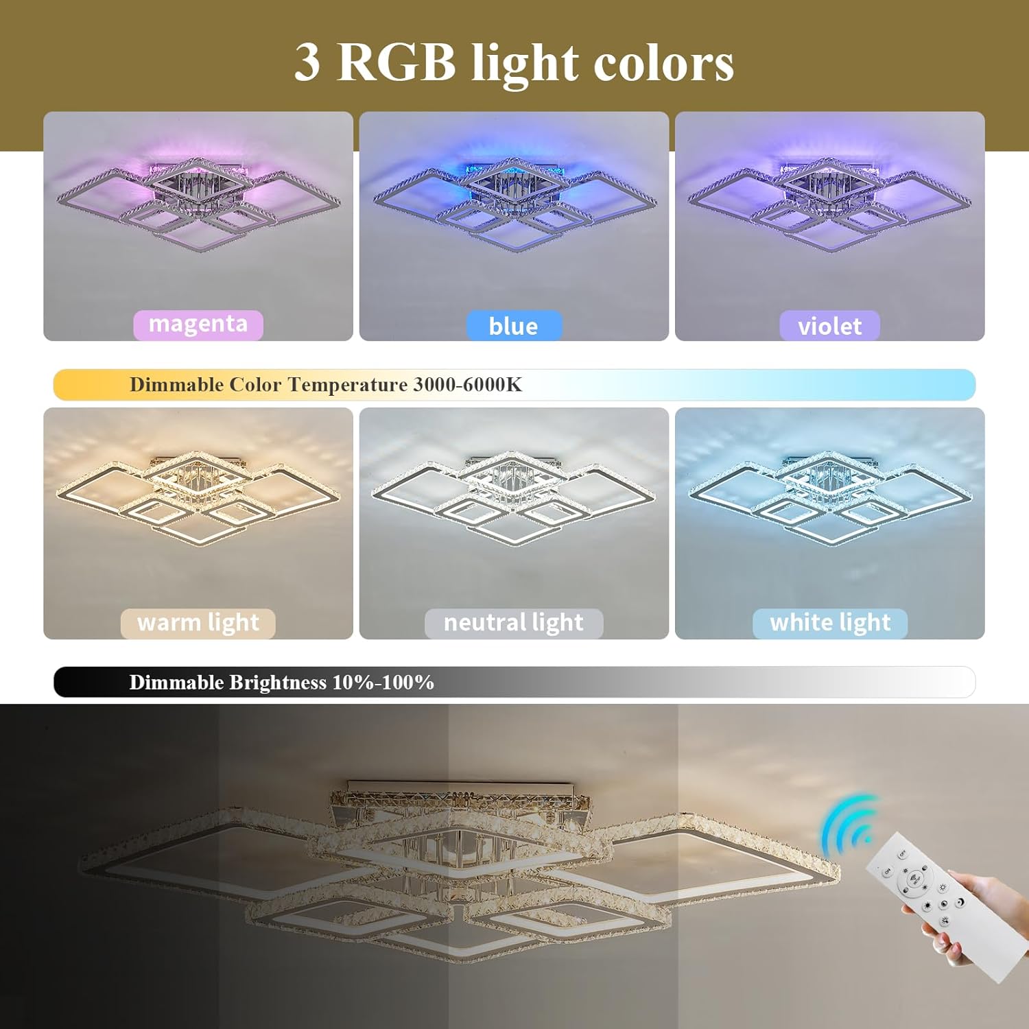 ASGYISA Moderna lámpara LED de techo de cristal grande con control remoto RGB regulable 3 colores cromo lámpara de techo 3000K-6500K lámpara de