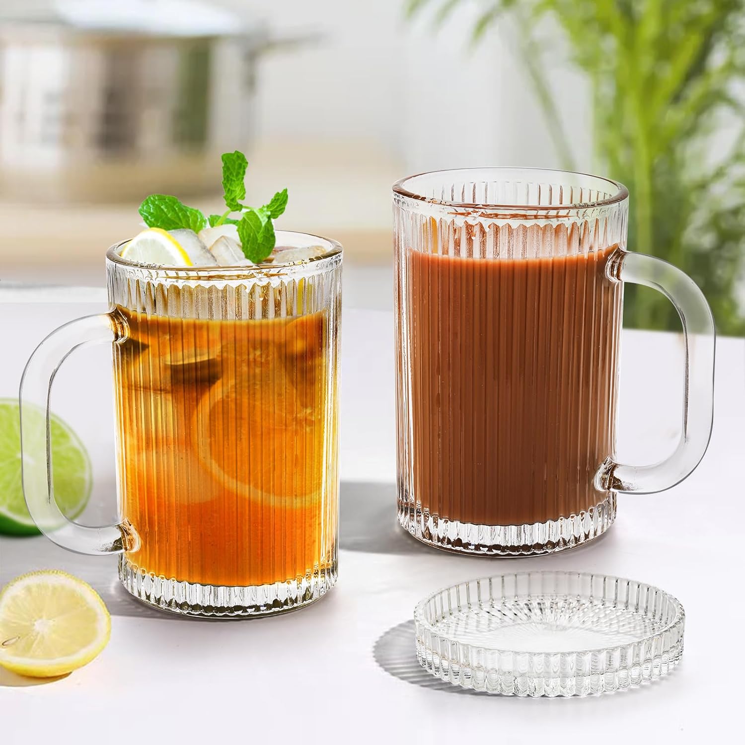 Noamus Paquete de 2 tazas de café con tapa de vidrio, taza de té de rayas verticales clásicas transparentes de 13 onzas, juego de cristalería