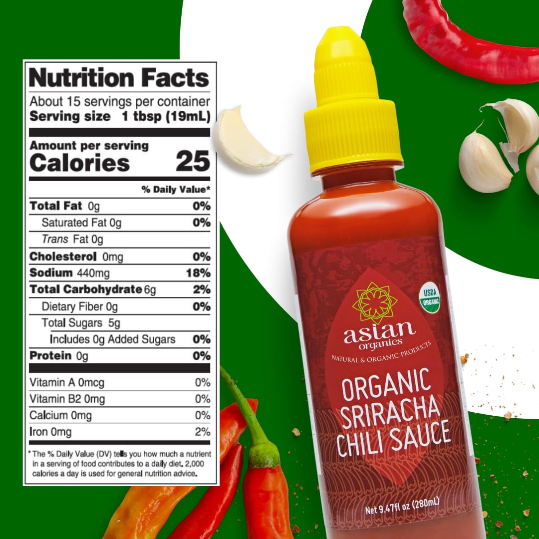 Asian Organics – Salsa de chile picante sriracha orgánica – Salsa picante asiática 100% certificada por USDA, sin MSG, sin OMG, salsa picante