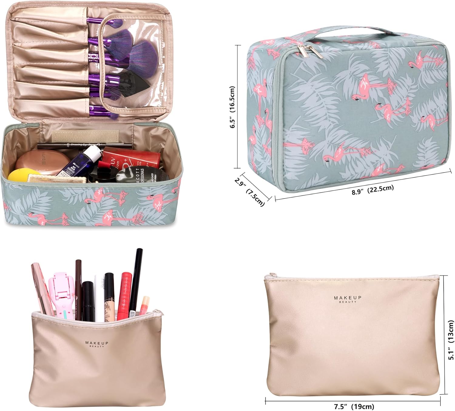 Ginsco Bolsa de maquillaje de viaje con soporte para cepillos, bolsa de cosméticos grande, organizador de maquillaje de viaje, portátil, resistente