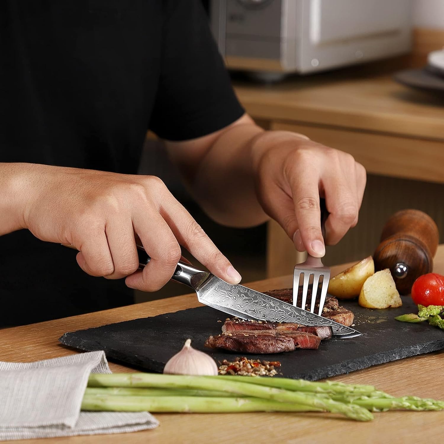 Sunnecko Damasco – Juego de 6 cuchillos para carne de acero inoxidable VG10 japoneses, no dentados, aptos para lavavajillas, cuchillos de carne de 5