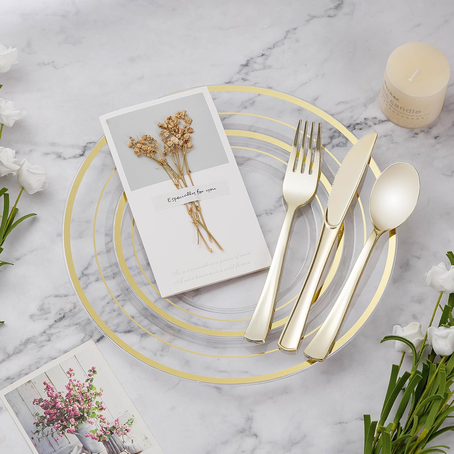 BESTVIP Juego de vajilla de plástico de 150 piezas (25 invitados), platos desechables de oro transparente para fiestas, bodas, aniversarios, incluye