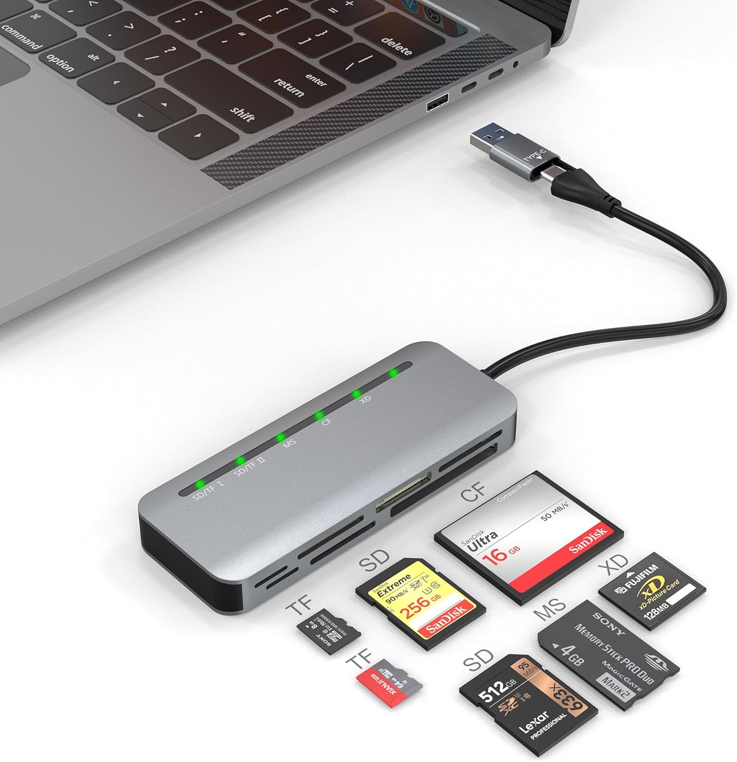 Lector de tarjetas SD 7 en 2, lector de tarjetas USB C para SD SDXC SDHCTFCF CFIXDMemory Stick Pro Duo adaptador con adaptador USB CUSB3.0,