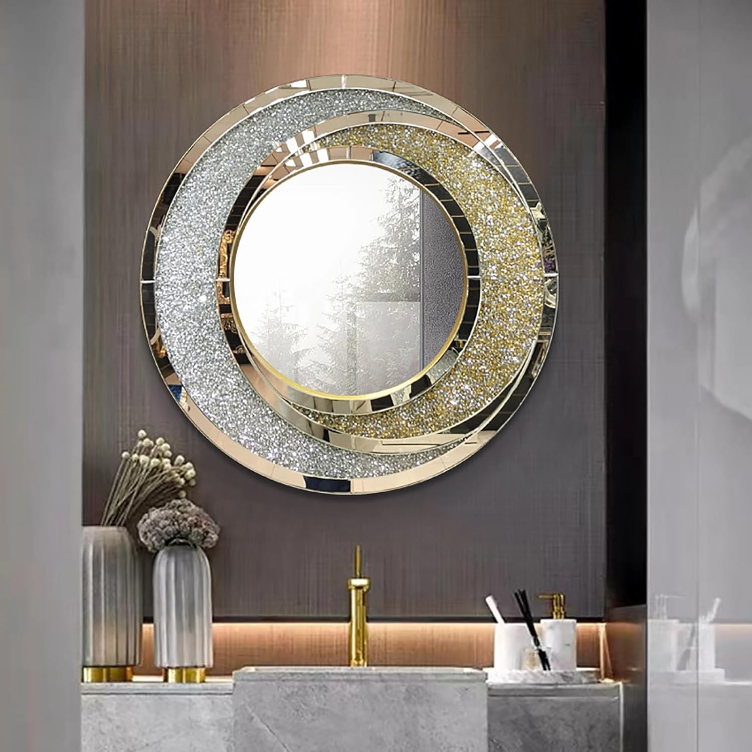 XOOFMASS Espejos de pared plateados decorativos, grandes espejos redondos de diamante para decoración de pared, modernos espejos de lujo decorativos