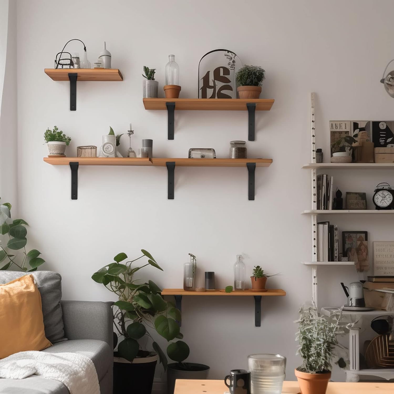 Paquete de 8 soportes de estante de 6 pulgadas, soporte flotante de 90 grados, soporte negro en forma de L, soporte de pared para estante (negro)