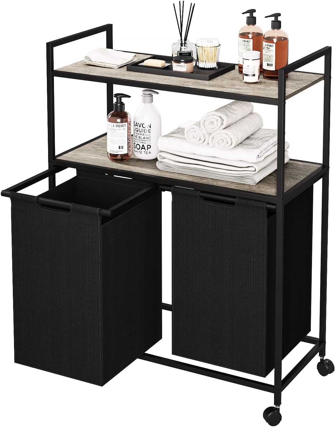 Huhaneon Cesta de lavandería con ruedas, cesta de lavandería, muebles de baño con 2 bolsas extraíbles y extraíbles, 2 estantes, capacidad de 12