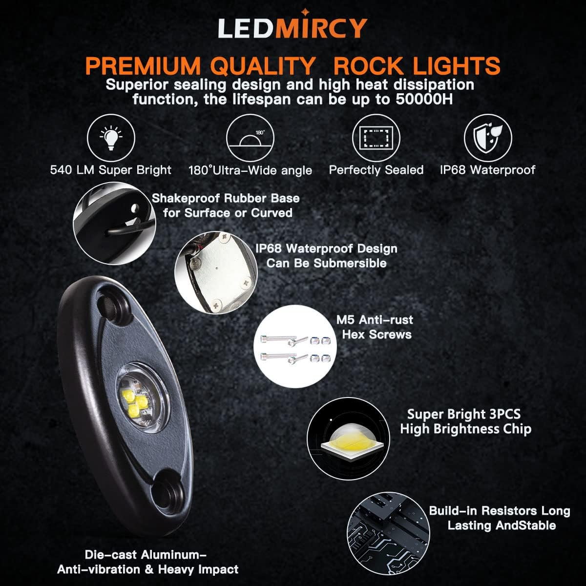 LEDMIRCY Luces LED de roca, color blanco, 2 piezas para todoterreno, camiones, coches, barcos, ATV, SUV, RZR, impermeables, de alta potencia, luces