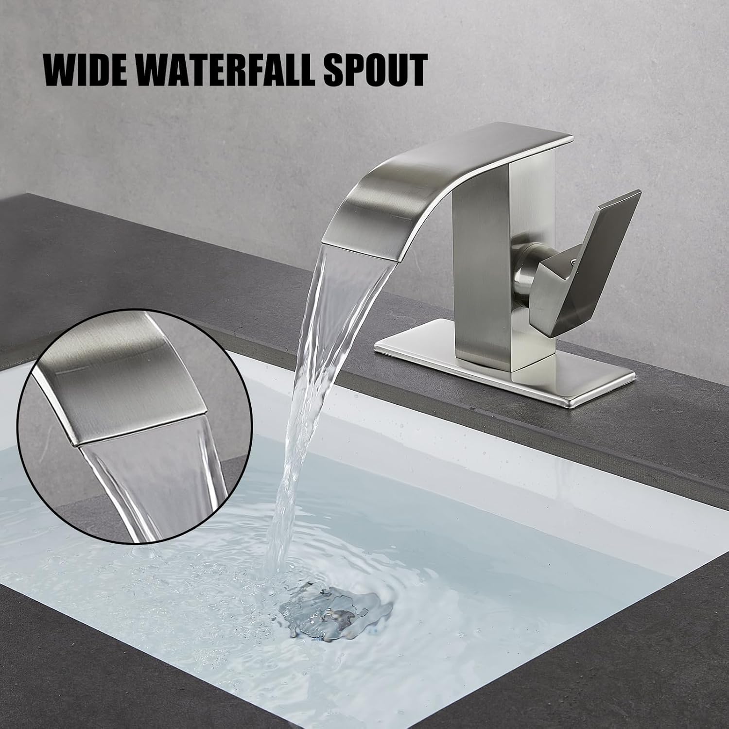 Grifo de lavabo de baño de 1 agujero, cascada de níquel cepillado, mango moderno de un solo agujero, grifos de tocador de baño para fregaderos, 1