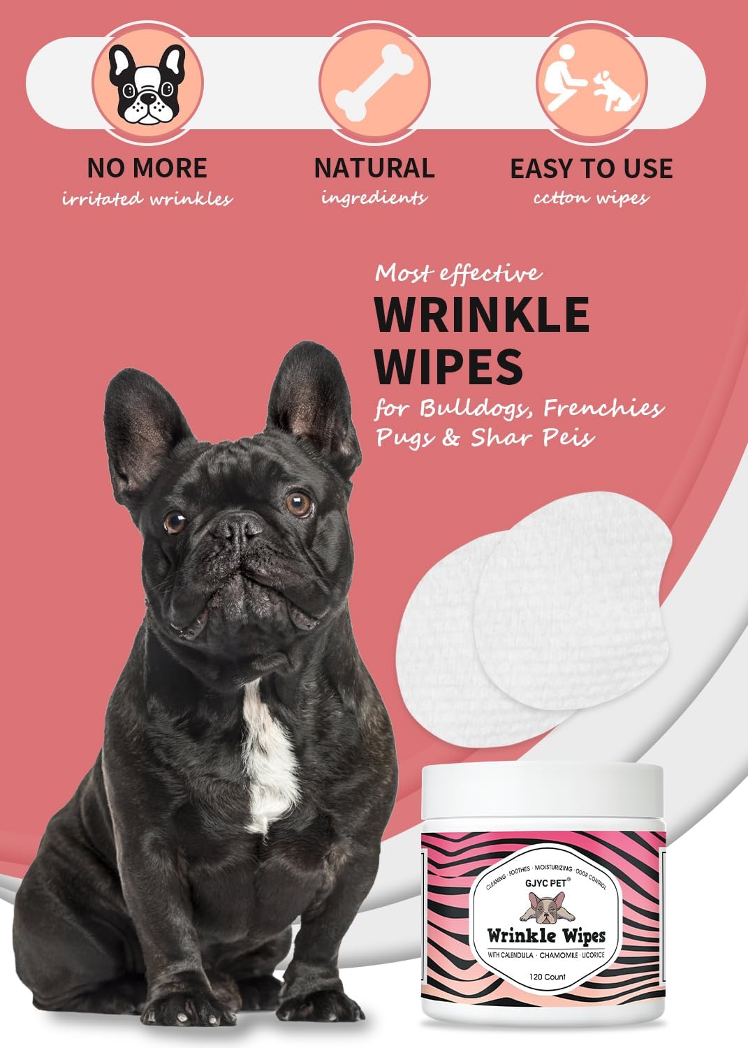 Toallitas antiarrugas naturales para perros, 120 unidades, toallitas hipoalergénicas para perros, toallitas antiarrugas, Bulldog francés, limpieza y