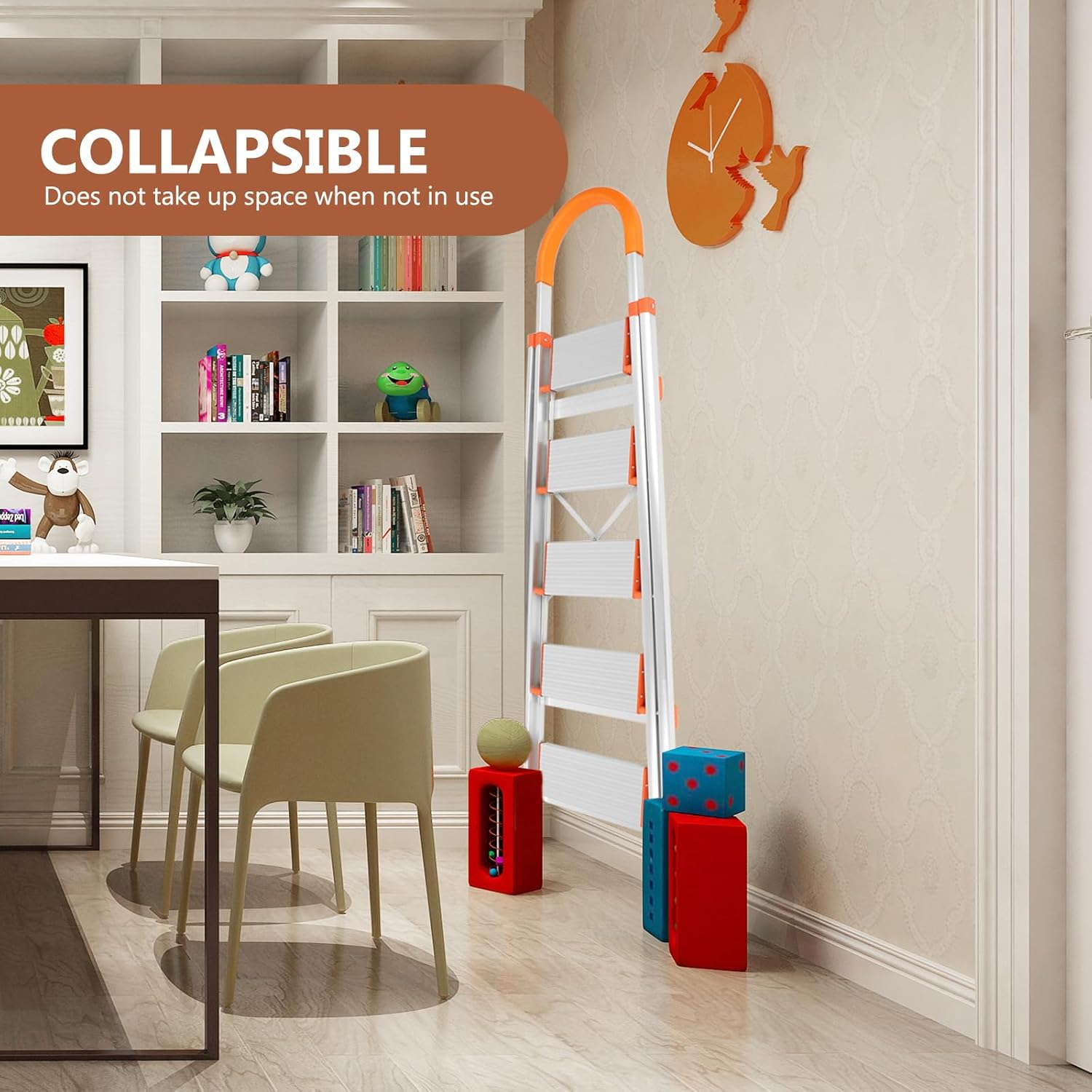 SUPERFASTRACING Taburete plegable de aluminio multiusos de 5 pasos, pasamanos de goma antideslizante, escalera portátil para el hogar
