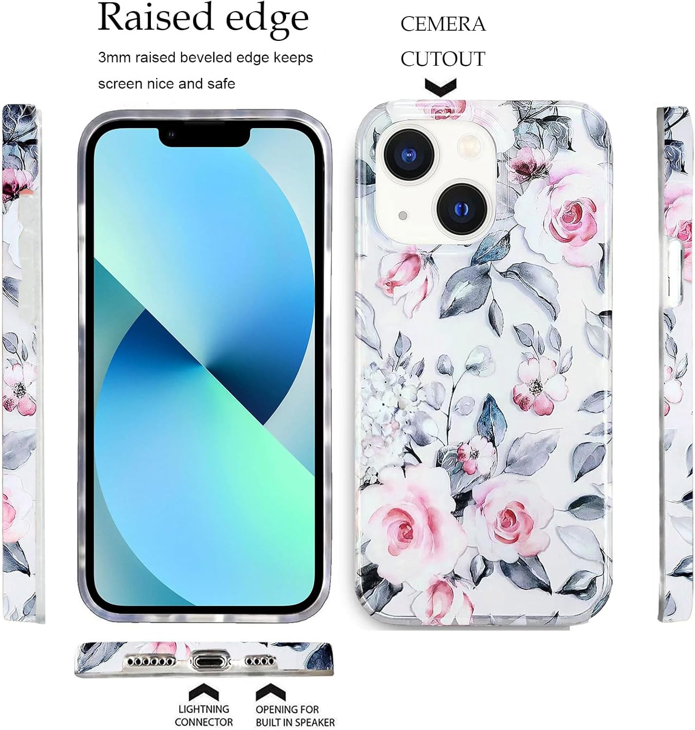 J.west Funda para iPhone 13 de 6.1 pulgadas, suave, transparente, retro, rosa, floral, flexible, TPU, a prueba de golpes, transparente, elegante,