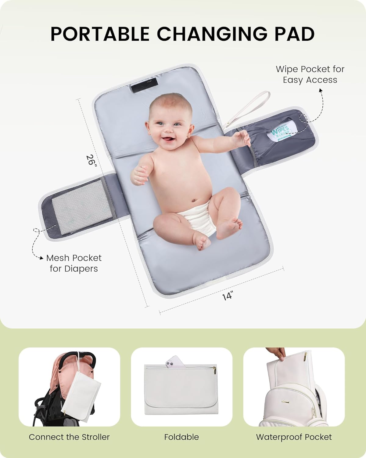 LOVEVOOK Mochila de cuero para pañales, bolsa de bebé acolchada con cambiador y soporte para chupete, bolsas de pañales de viaje impermeables con