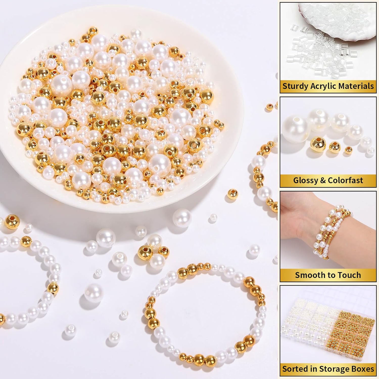 ROADPLUM 1947 cuentas de perlas para hacer joyas, cuentas blancas y doradas para manualidades con agujeros, cuentas rellenas de oro para hacer