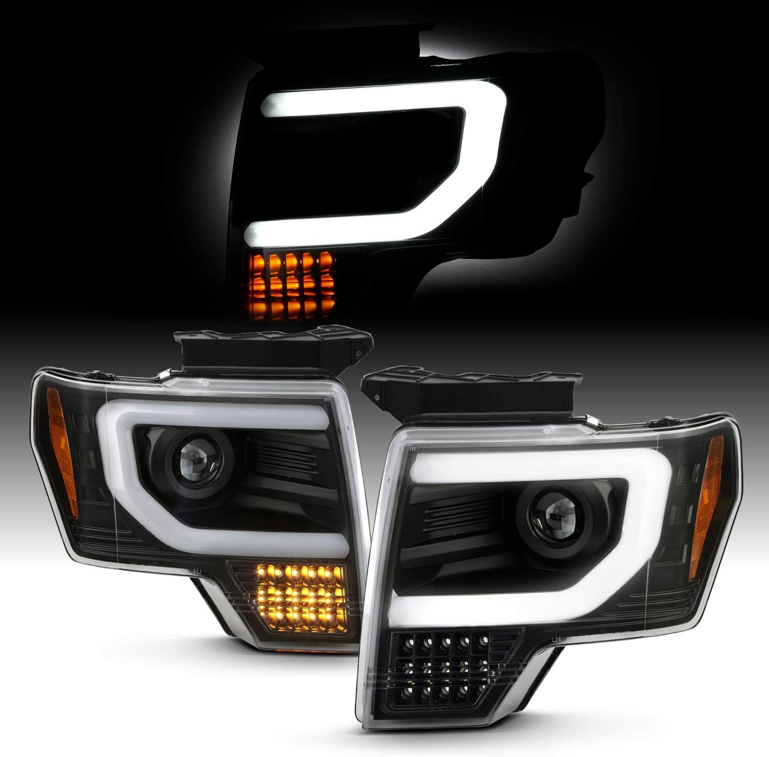 AKKON – Compatible con Ford F150 2009-2014 tipo halógeno Par de faros delanteros negros con luz LED completa de haz alto y bajo + lámpara de