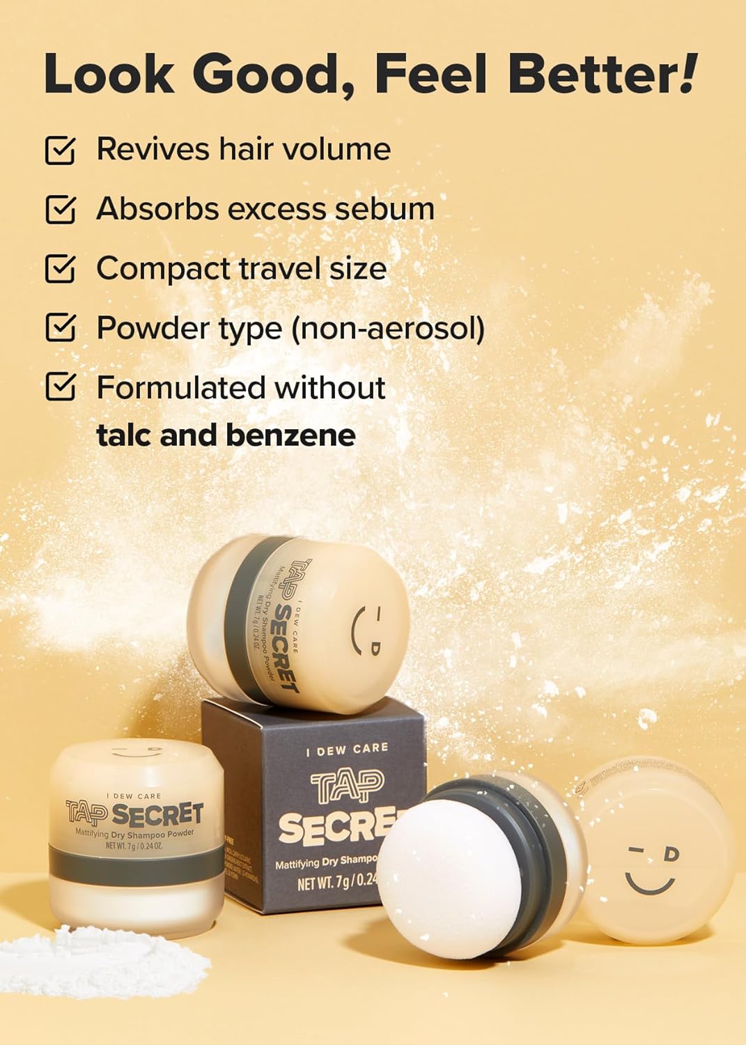 I DEW CARE – Juego de champú seco y cepillo para el cabello – Tap Secret Box  Cabello de aspecto más completo, sin aerosol, sin benceno, cepillo