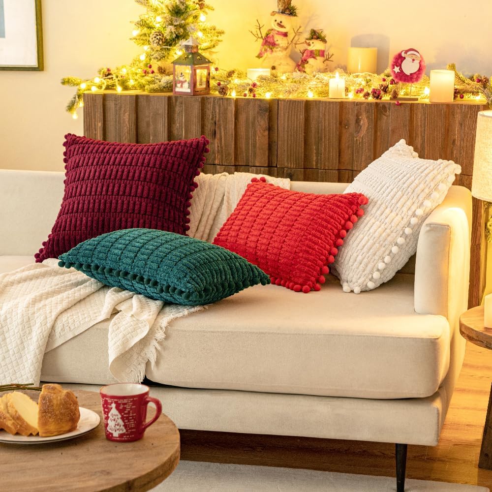 MIULEE Juego de 2 fundas de almohada decorativas de pana blanca crema, con pompones, suaves, bohemias, a rayas, decoración moderna para el hogar,