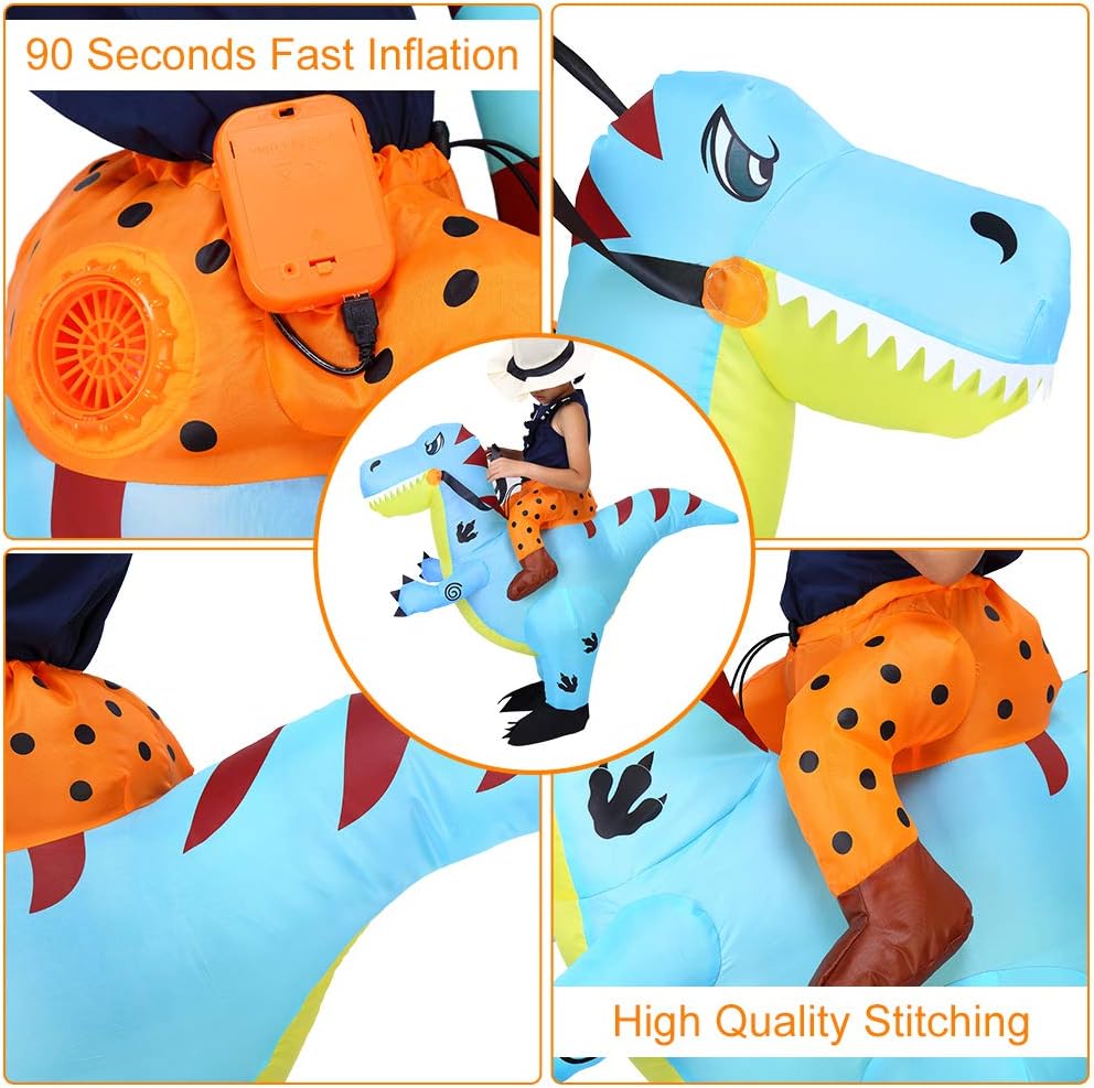 Tackview Disfraz inflable de dinosaurio de Halloween para niños, disfraz inflable de dinosaurio para montar – azul – fiesta de Halloween cosplay