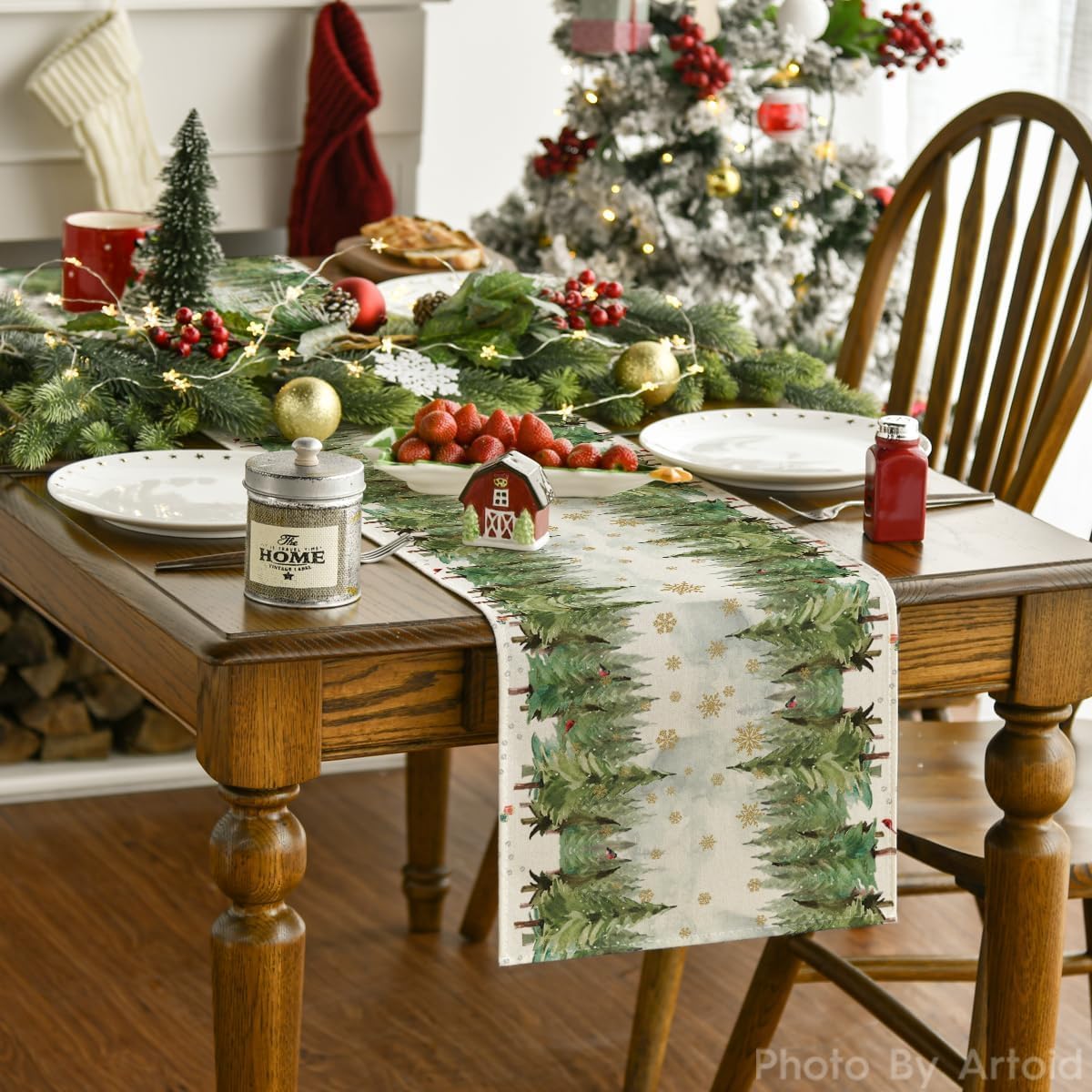 Artoid Mode Camino de mesa de Navidad con copos de nieve y árboles de Navidad, decoración de mesa de comedor para decoración de fiesta en el hogar,